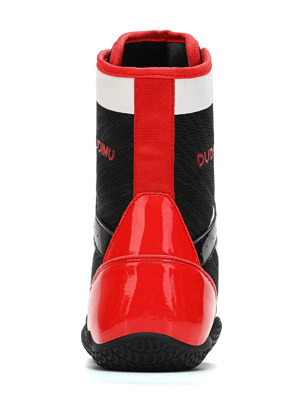 Back view of black and red sports wrestling sneakers with anti-slip sole and high ankle support.